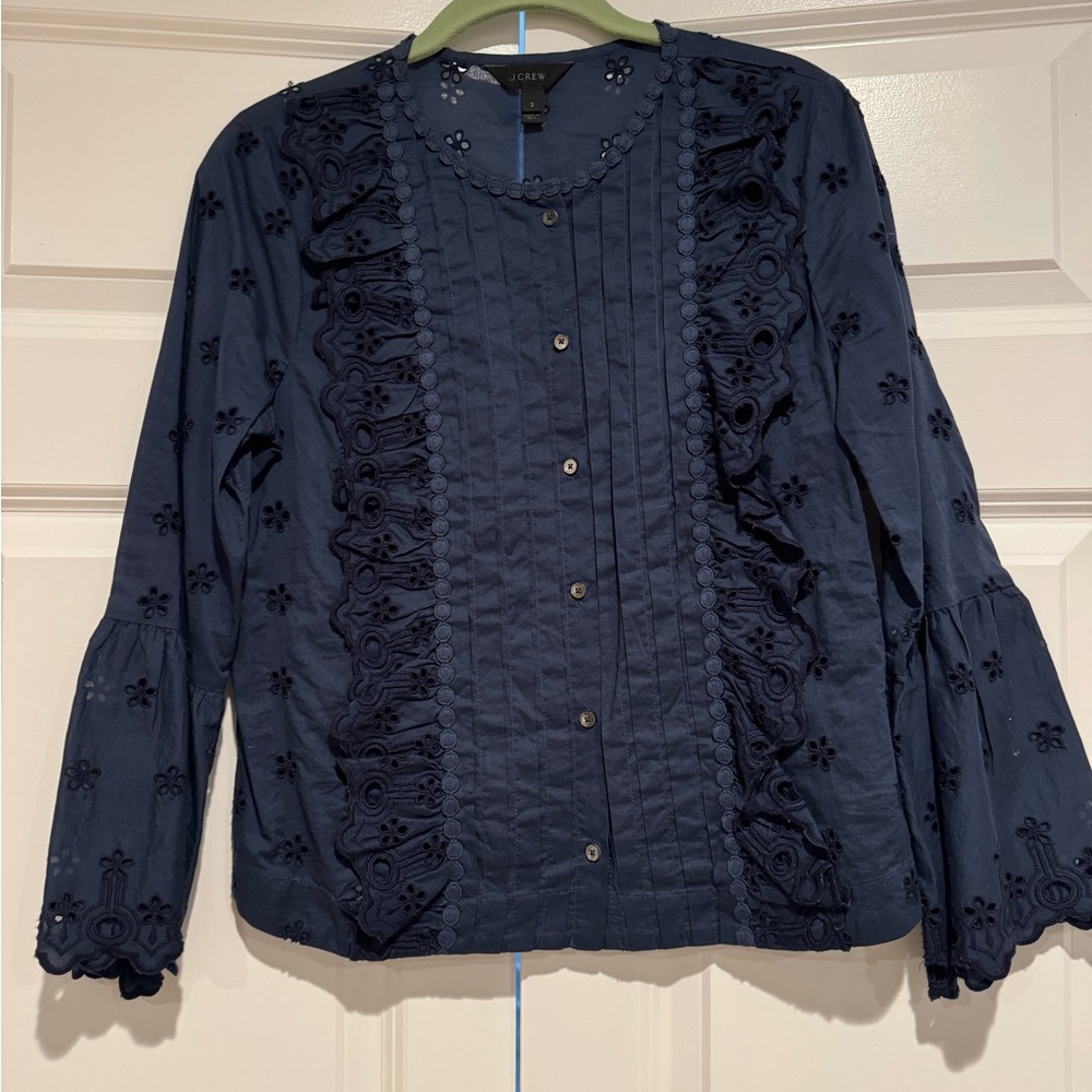 Navy Blue Embroidered Button-Up Blouse